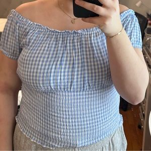 Off the Shoulder White And Blue Shirt